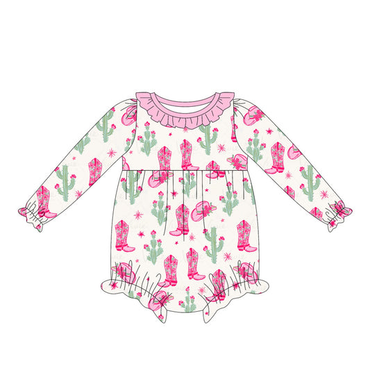 Preorder LR2235 Flower Boots Cactus Pink Ruffle Beige Long Sleeve Romper Baby Girls Boutique Outfits 202505