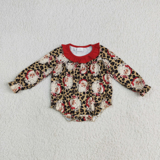LR2237 Santa Claus Leopard Red Ruffle Long Sleeve Romper Baby Girls Boutique Outfits 202506 RTS