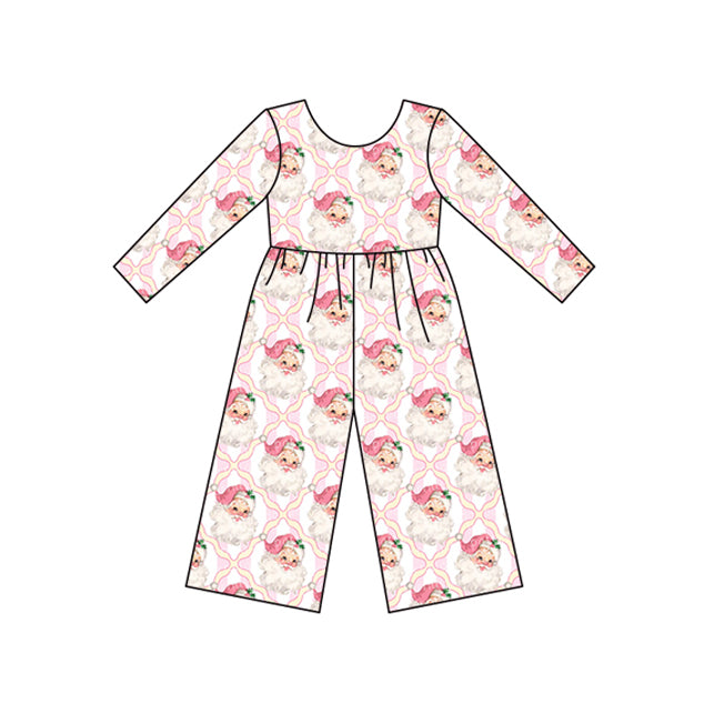 Preorder LR2238 Santa Claus Plaid Pink Stripe Long Sleeve Overall Jumpsuit Girls Boutique Clothes 202505