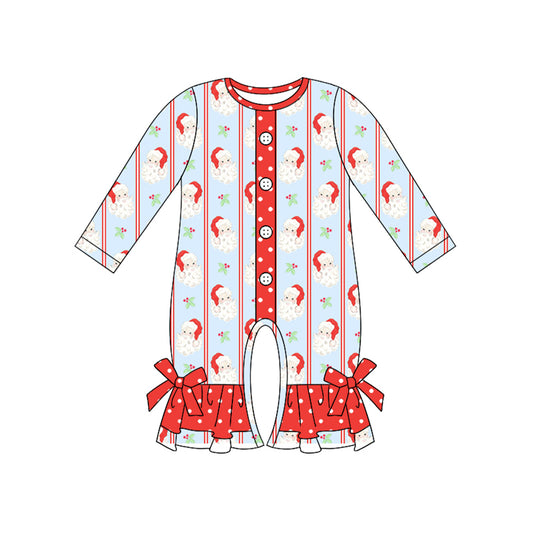 Preorder LR2242 Santa Claus Polka Dot Ruffle Red Stripe Button Blue Long Sleeve Romper Baby Girls Boutique Outfits 202505