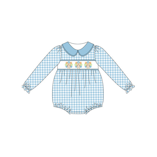 Preorder LR2245 Turkey Blue Plaid Baby Collar Long Sleeve Romper Baby Girls Boutique Outfits 202505