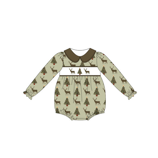 Preorder LR2249 Elk Christmas Tree Green Doll-neck Long Sleeve Romper Baby Girls Boutique Outfits 202505