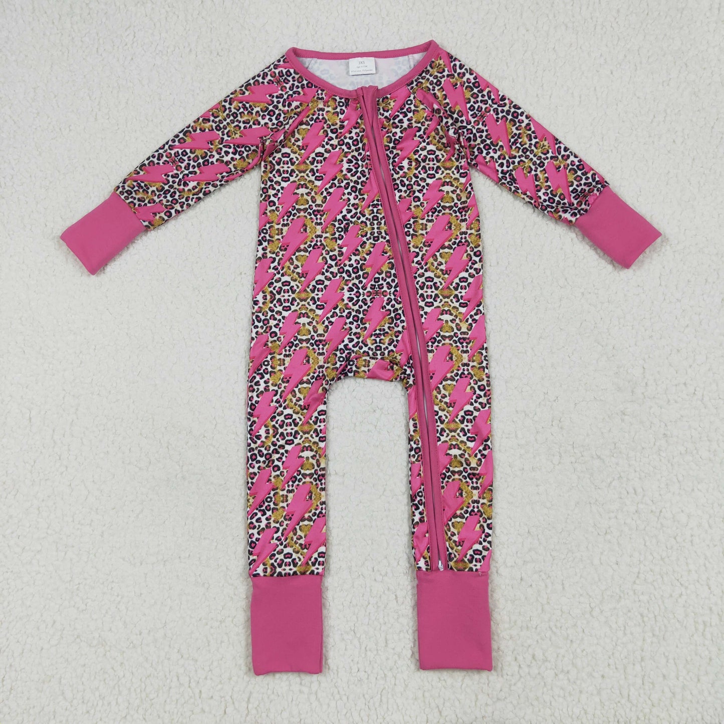 LR2250 Rose Red Lightning Leopard Print Zipper Long Sleeve Romper Baby Girls Boutique Outfits 202506 RTS