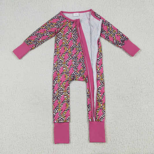 LR2250 Rose Red Lightning Leopard Print Zipper Long Sleeve Romper Baby Girls Boutique Outfits 202506 RTS