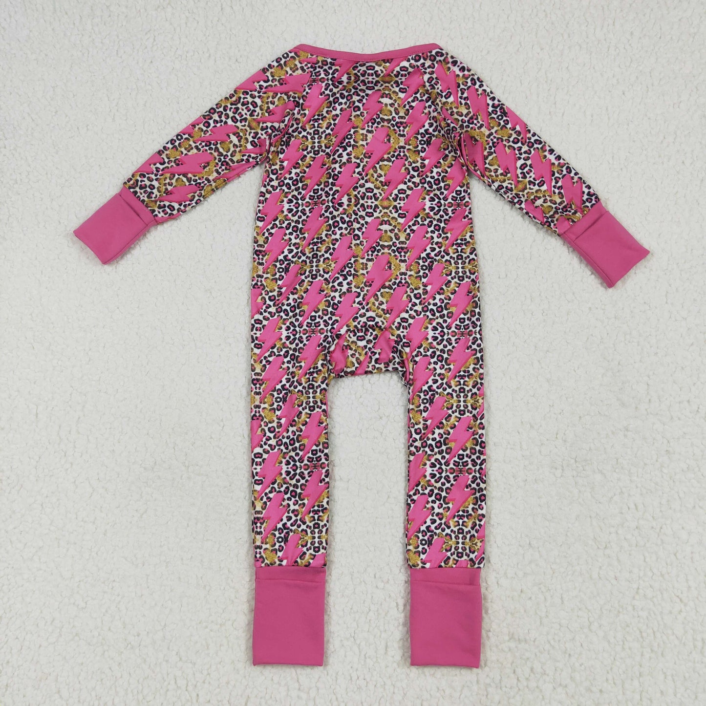LR2250 Rose Red Lightning Leopard Print Zipper Long Sleeve Romper Baby Girls Boutique Outfits 202506 RTS
