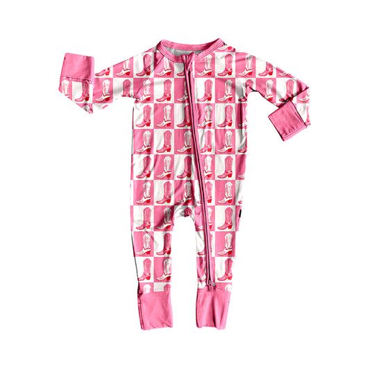 Preorder LR2251 Boots Pink White Plaid Zipper Long Sleeve Romper Baby Girls Boutique Outfits 202505