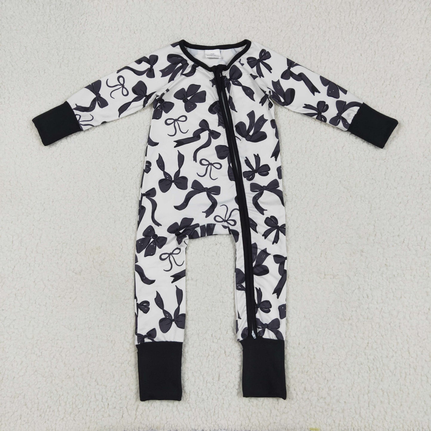 LR2253 Black Bows Beige Zipper Long Sleeve Romper Baby Girls Boutique RTS US Local Warehouse