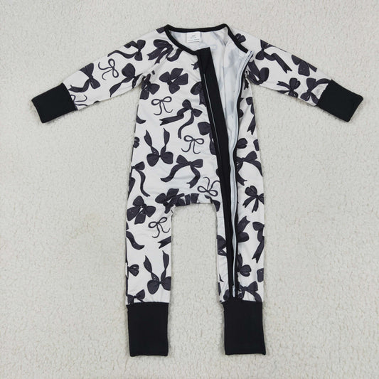 LR2253 Black Bows Beige Zipper Long Sleeve Romper Baby Girls Boutique RTS US Local Warehouse