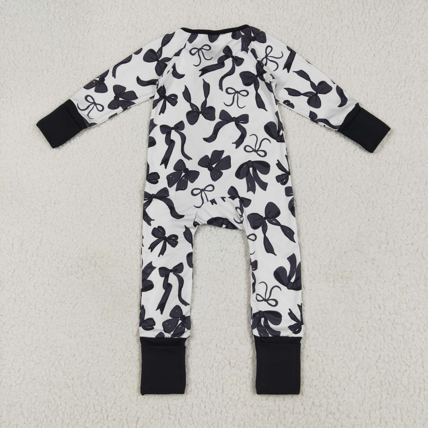 LR2253 Black Bows Beige Zipper Long Sleeve Romper Baby Girls Boutique RTS US Local Warehouse