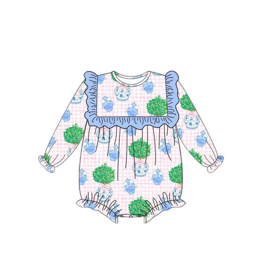 Preorder LR2254 Vase Potted Plant Blue Ruffle Pink Plaid Long Sleeve Romper Baby Girls Boutique Outfits 202505