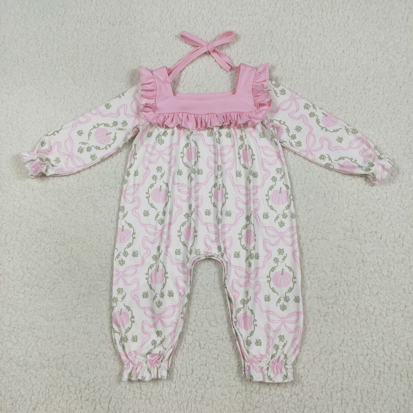 LR2255 Pumpkin Leaf Bow Pink Ruffle Strap Long Sleeve Romper Girls 202507 RTS