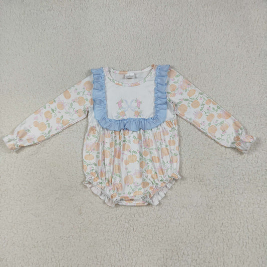 LR2256 Pumpkin Leaf Bow Blue Ruffle Strap Long Sleeve Romper Baby Girls Boutique Outfits 202507 RTS