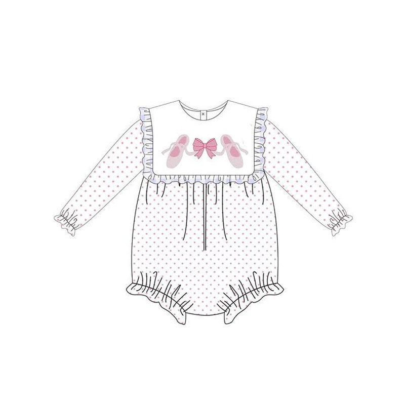 Preorder LR2259 Ballet Shoes Bow Polka Dot White Ruffle Long Sleeve Romper Baby Girls Boutique Outfits 202505