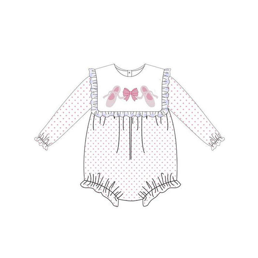 Preorder LR2259 Ballet Shoes Bow Polka Dot White Ruffle Long Sleeve Romper Baby Girls Boutique Outfits 202505