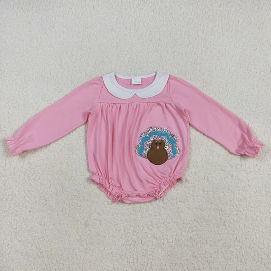 LR2262 Embroidered Turkey Doll Collar Pink Long Sleeve Romper Baby Girls Boutique 202507 RTS
