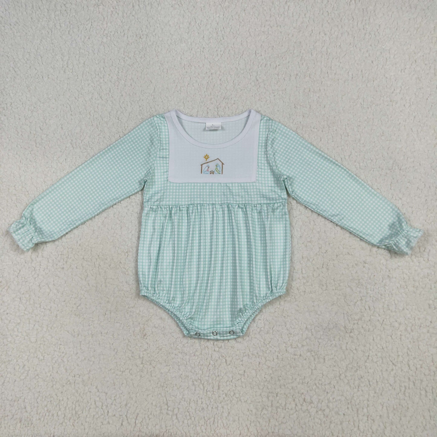 LR2265 Embroidered Christmas Jesus Green Plaid Long Sleeve Romper Baby Girls Boutique Outfits 202507 RTS