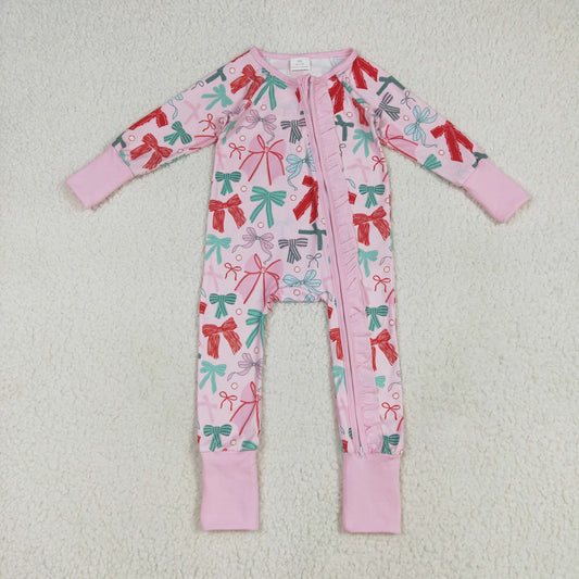 LR2266 Christmas Red Green Bows Pink Ruffle Long Sleeve Romper Baby Girls Boutique Outfits 202506 RTS