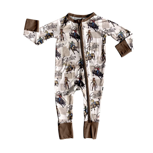Preorder LR2268 Cowboy Rodeo Horse Brown Zippy Long Sleeve Romper Baby Boy Boutique Pajamas 202505