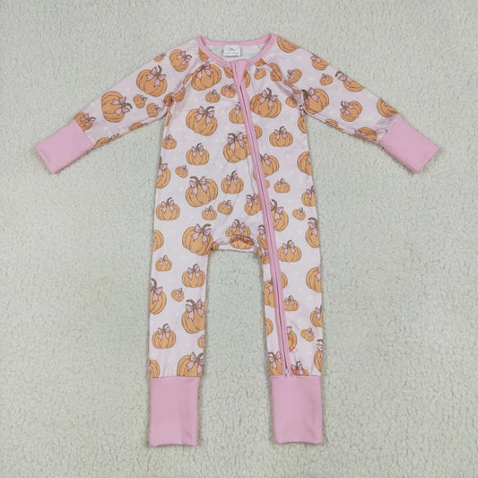 LR2271 Thanksgiving Bows Pumpkin Pink Zippy Long Sleeve Girls Romper RTS US Free Shipping Over $100
