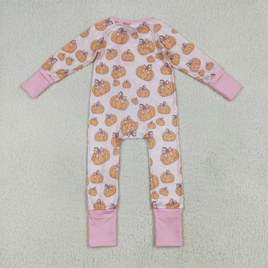 LR2271 Thanksgiving Bows Pumpkin Pink Zippy Long Sleeve Girls Romper RTS US Free Shipping Over $100