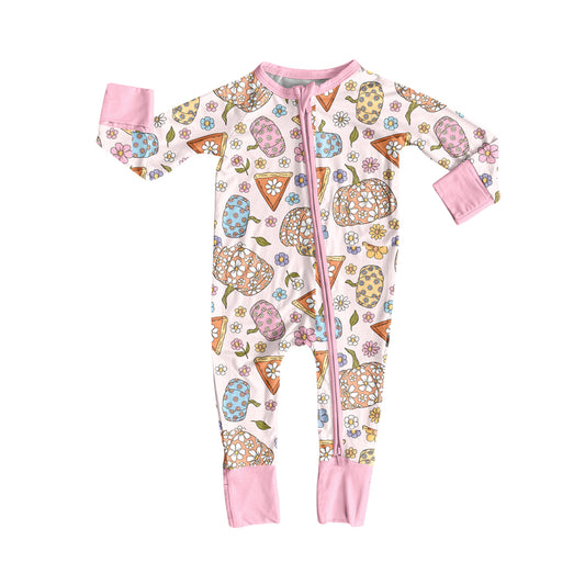 Preorder LR2272 Pumpkin Flower pink Zippy Long Sleeve Romper Baby Girls Boutique Pajamas 202506