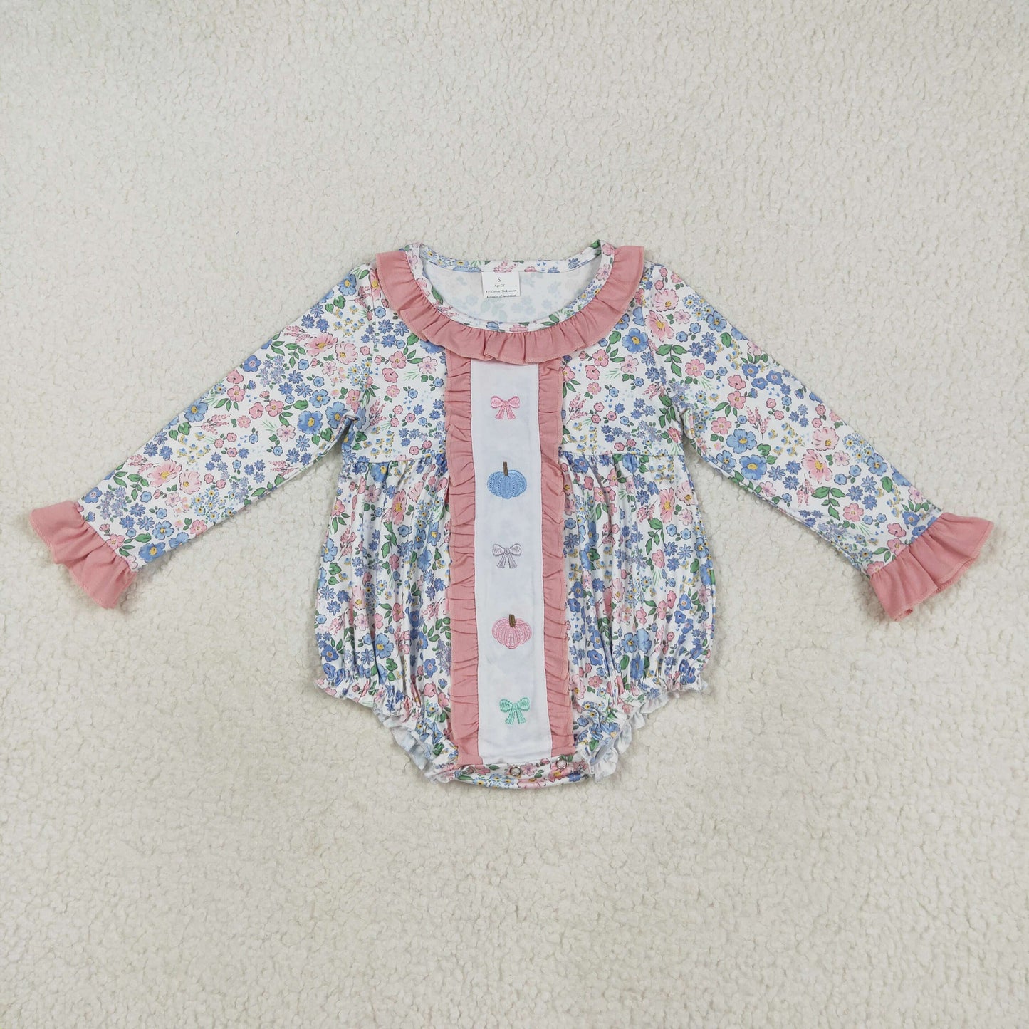 LR2273 Girls Boutique Embroidered Pumpkin Bows Pink Blue Ruffle Long Sleeve Romper 202507 RTS