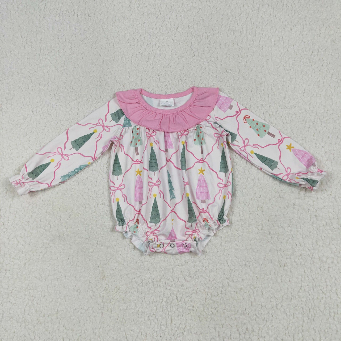 LR2275 Christmas Santa Tree Bows Pink Ruffle Long Sleeve Bubble Romper Baby Girls Boutique Pajamas 202506 RTS