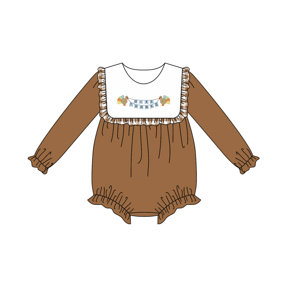 Preorder LR2286 Girls Boutique Turkey Brown Ruffle Long Sleeve Bubble Romper 202506