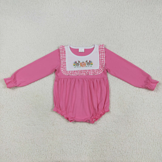 LR2287 Girls Boutique Embroidered Pink Plaid Ruffle Long Sleeve Bubble Romper 202507 RTS