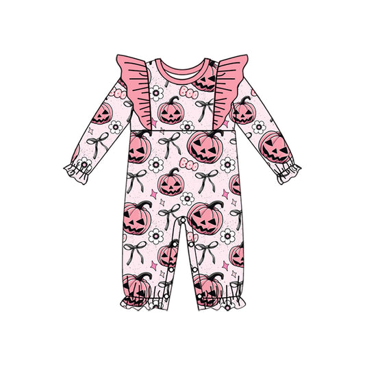 Preorder LR2289 Girls Boutique Boo Pumpkin Flower Pink Ruffle Long Sleeve Romper 202506