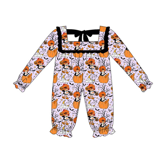Preorder LR2290 Girls Boutique Boo Pumpkin Cartoon Black Purple Ruffle Long Sleeve Romper 202506