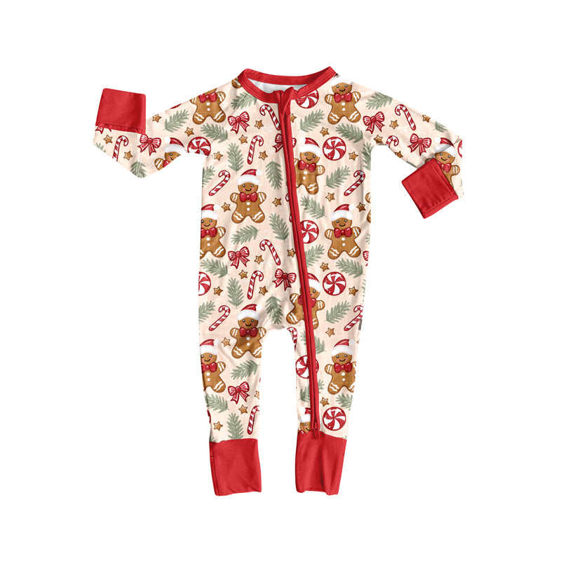 Preorder LR2291 Boys Boutique Christmas Gingerbread Man Candy Cane Zippy Red Long Sleeve Romper 202506