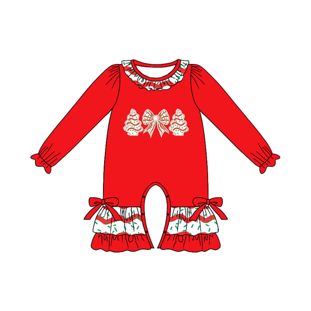 Preorder LR2294 Girls Boutique Christmas Bows Tree Red Ruffle Long Sleeve Romper 202506