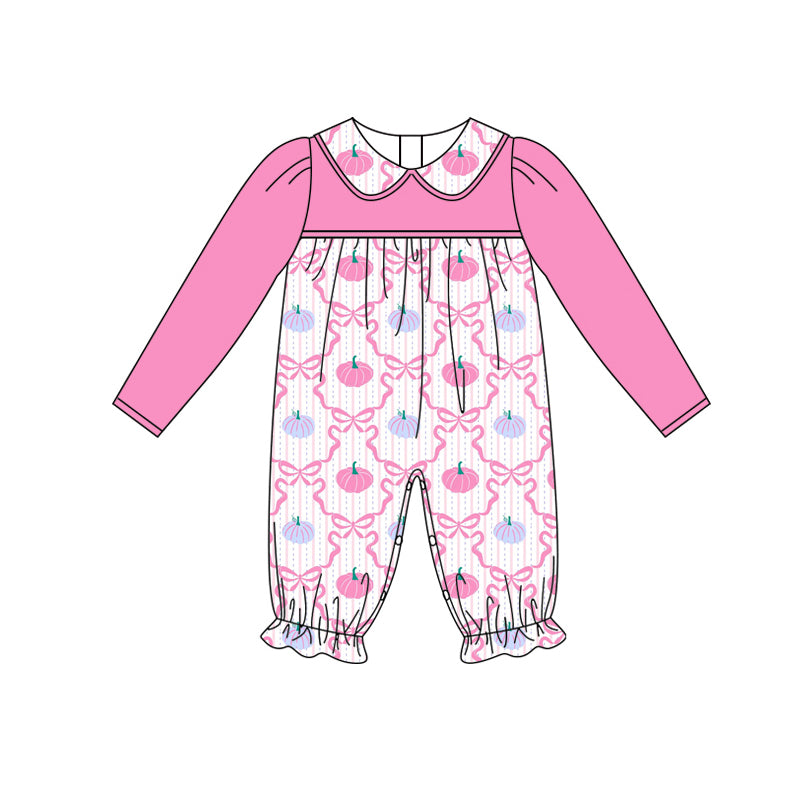 Preorder LR2296 Girls Boutique Pumpkin Bows Pink Long Sleeve Romper 202506
