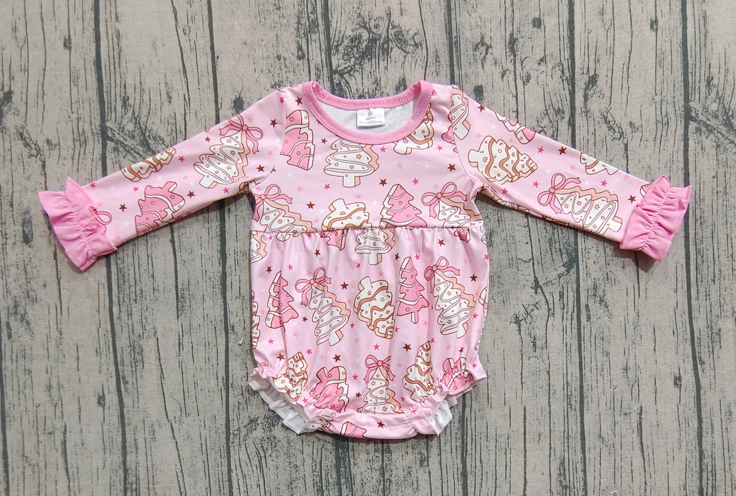 LR2301 Girls Boutique Santa Tree Bows Pink Long Sleeve Bubble Romper 202509 RTS