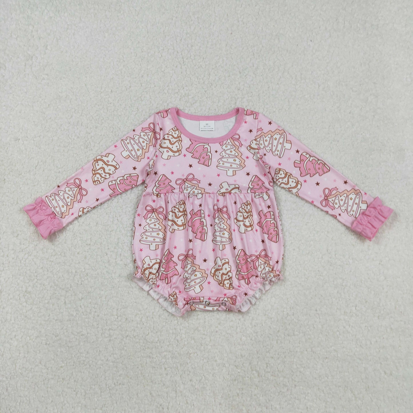 LR2301 Girls Boutique Santa Tree Bows Pink Long Sleeve Bubble Romper 202509 RTS