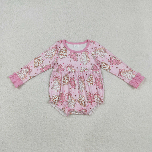 LR2301 Girls Boutique Santa Tree Bows Pink Long Sleeve Bubble Romper 202509 RTS