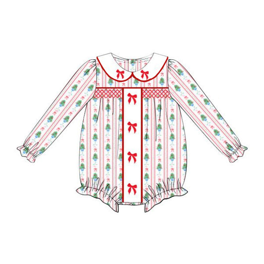 Preorder LR2303 Girls Boutique Santa Tree Red Bows Doll Collar Long Sleeve Bubble Romper 202506