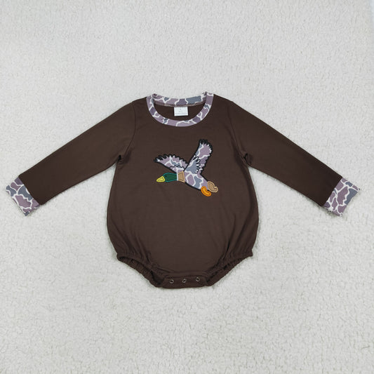LR2310 Boys Boutique Embroidered Duck Hunting Brown Long Sleeve Bubble Romper 202507 RTS