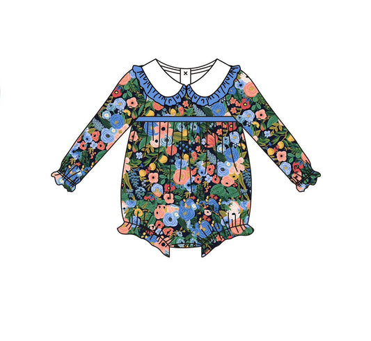 Preorder LR2311 Girls Boutique Flower Blue Ruffle Doll Collar Long Sleeve Bubble Romper 202506