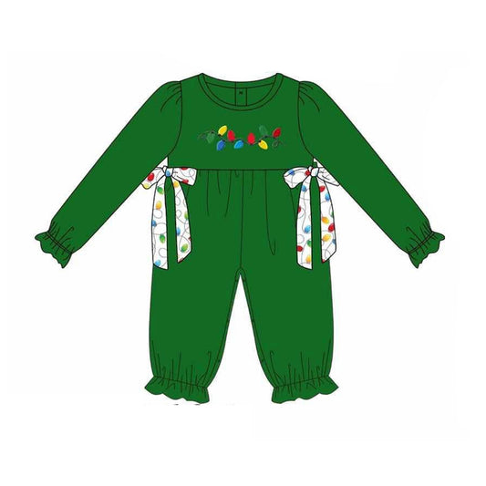 Preorder LR2314 Girls Boutique Christmas Lights Bow Green Long Sleeve Romper 202506