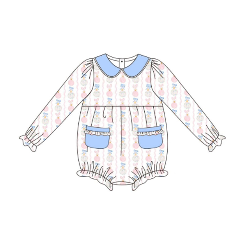 Preorder LR2323 Girls Boutique Pumpkin Ruffle Pocket Blue Doll Collar Long Sleeve Bubble Romper 202506
