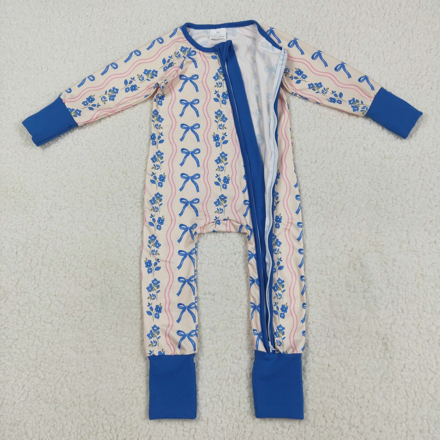 LR2327 Girls Boutique Blue Pink Bows Flower Zippy Long Sleeve Romper 202507 RTS