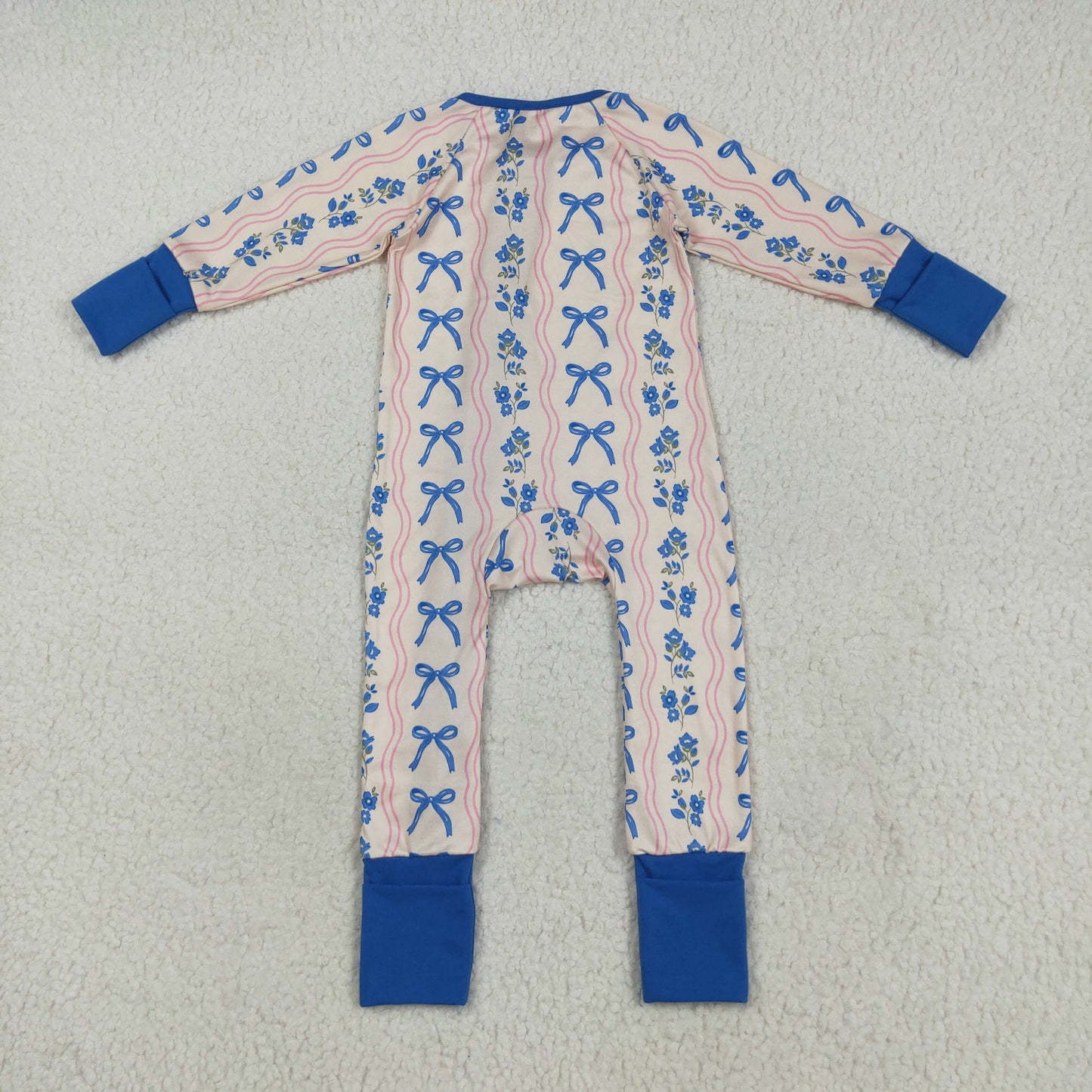 LR2327 Girls Boutique Blue Pink Bows Flower Zippy Long Sleeve Romper 202507 RTS