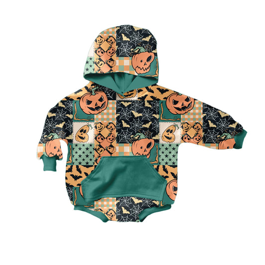 Preorder LR2328 Boys Boutique Halloween Pumpkin Plaid Green Pocket Hooded Long Sleeve Bubble Romper 202506