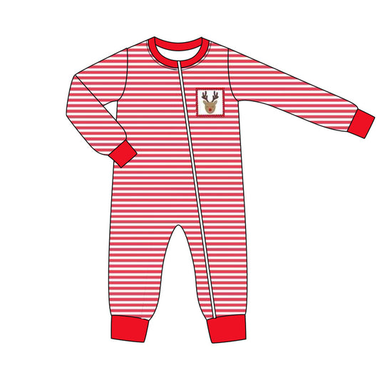 Preorder LR2330 Boys Boutique Christmas Elk Red Zippy Stripe Long Sleeve Romper 202506