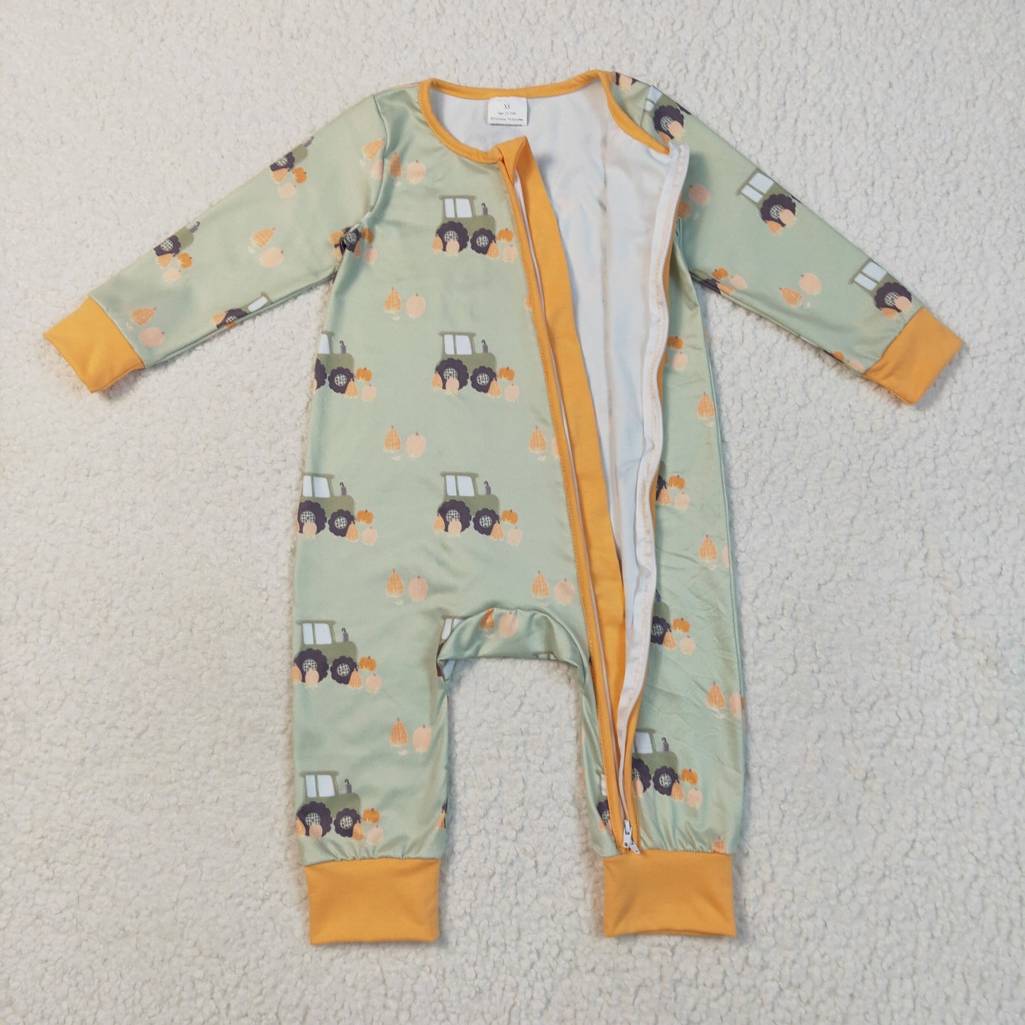 LR2335 Boys Boutique Trucks Pumpkin Orange Green Zippy Long Sleeve Romper 202507 RTS