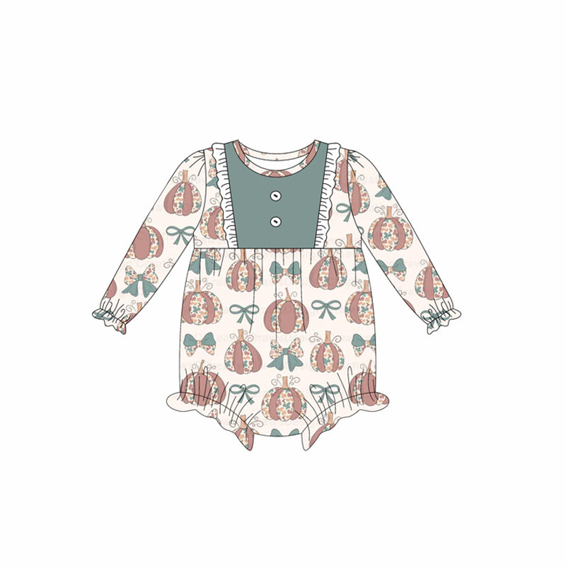 Preorder LR2346 Girls Boutique Pumpkin Bows Gray Green Long Sleeve Bubble Romper 202506