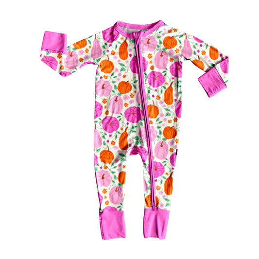 Preorder LR2348 Girls Boutique Pumpkin Flower Rose Red Zippy Long Sleeve Romper 202506