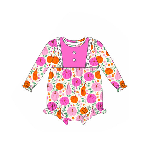 Preorder LR2349 Girls Boutique Pumpkin Flower Rose Red Long Sleeve Bubble Romper 202506